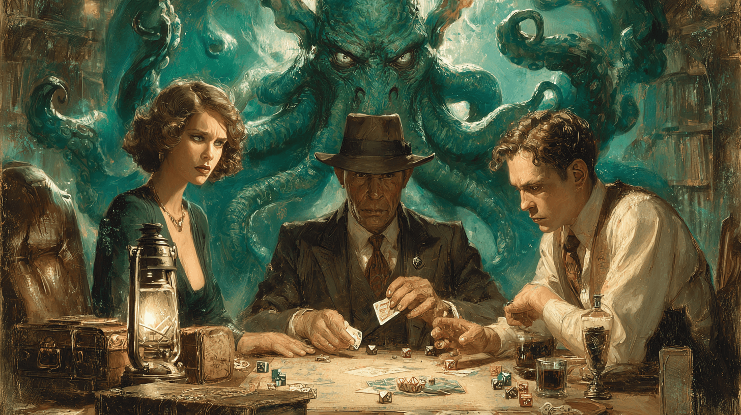 Tres jugadores y Cthulhu sobre una mesa de juego